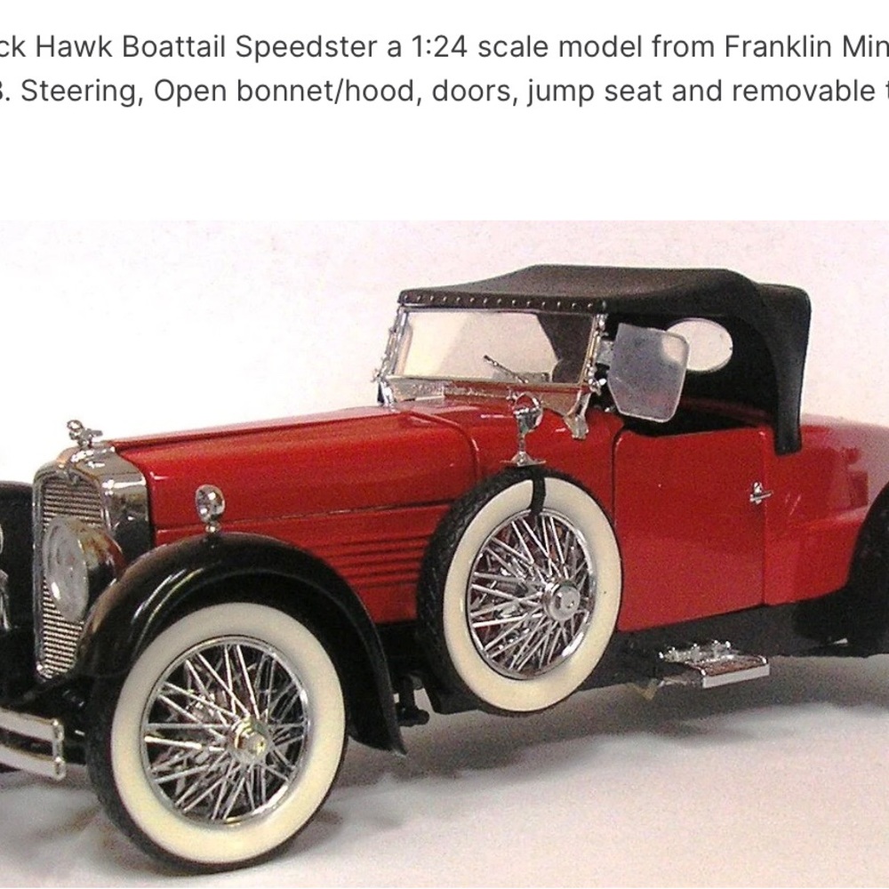NWT FRANKLIN MINT 1928 STUTZ BLACK HAWK BOATTAIL SPEEDSTER CAR 1:24 DIE CAST,